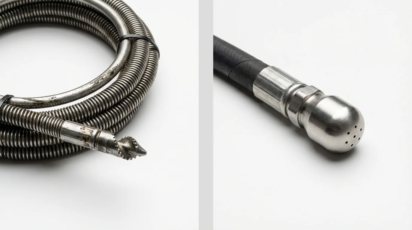 Drain snake cable and hydro jetting nozzle used for drain cleaning in Apex, NC