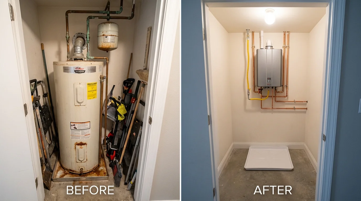 Tank water heater versus wall-mounted tankless unit comparison for Apex, NC homeowners