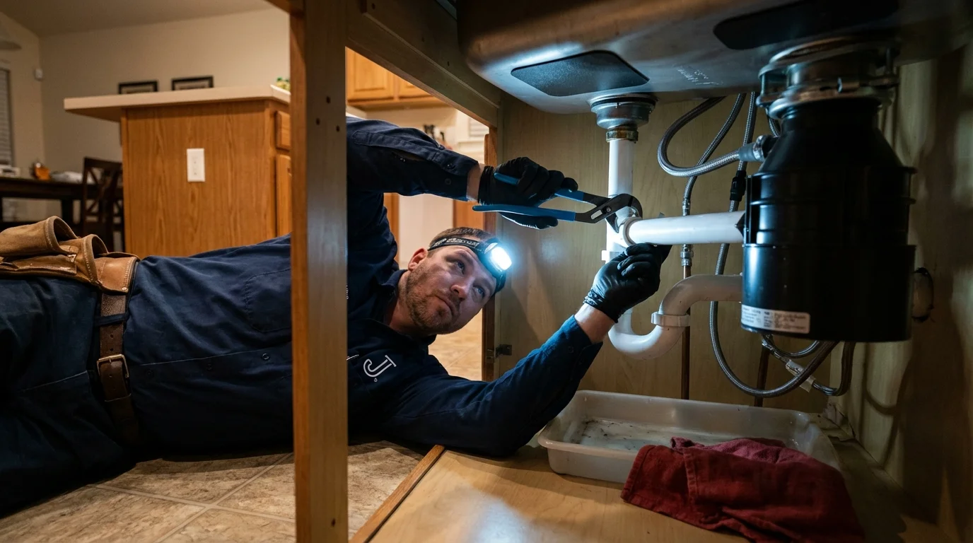 P-trap and supply line connections under a kitchen sink showing a common leak point in Apex, NC
